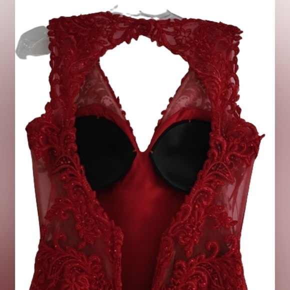 Formal red maxi lace dress, mermaid silhouette, V neckline size 0 - Picture 7 of 9